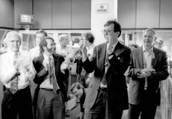 Rich Hawryluk, who was to head the ITER Administration Department from 2011 to 2013, is seen here in December 1993 at PPPL, celebrating TFTR's first deuterium-tritium shot. One year later the US machine was to pass a symbolic threshold with a production of 10 MW of fusion power. (Click to view larger version...)